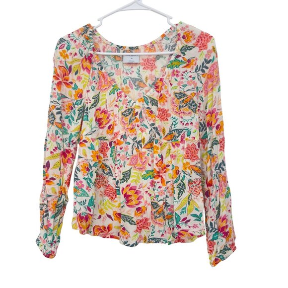 Old Navy Womens XS Floral Print Blouse V-Neck Long Sleeve 100% Rayon Lightweight - Picture 2 of 10